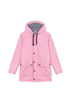 Pinkfarbener Kapuzen-Regenmantel mit schwarzen Knöpfen, schwarzen Kordeln, zwei vorderen Klappentaschen und gestreiftem Innenfutter.