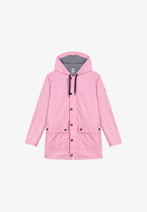 Pinkfarbener Kapuzen-Regenmantel mit schwarzen Knöpfen, schwarzen Kordeln, zwei vorderen Klappentaschen und gestreiftem Innenfutter.