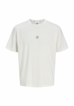 Schlichtes weißes T-Shirt mit kurzen Ärmeln, mit einem kleinen, filigranen schwarzen Blumenmuster in der Mitte der Brust und rundem Ausschnitt.
