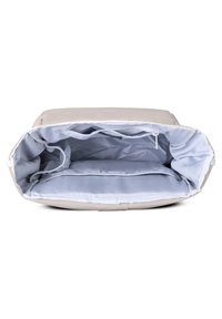 Light gray bag with a spacious interior, featuring a smooth texture, multiple compartments, and a zippered closure.