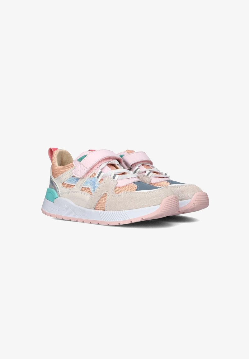 Colorful sneakers with a mesh and suede upper in pink, blue, and beige; features Velcro straps and a textured sole for grip.
