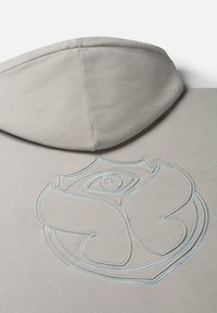 Hellgrauer Kapuzenpullover mit einem großen gestickten Logo, das ein Rosendesign in Hellblau zeigt. Weicher Stoff mit einer strukturierten Oberfläche und einer runden Kapuze.