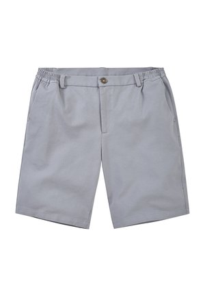 Hellgraue Herren-Knielange Shorts mit elastischem Bund, Knopfverschluss, Gürtelschlaufen und Seitentaschen auf weißem Hintergrund.