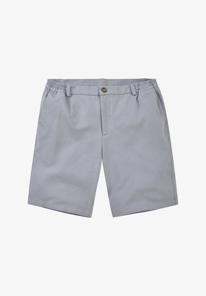 Light gray men's knee-length shorts with elastic waistband, button closure, belt loops, and side pockets on a white background.