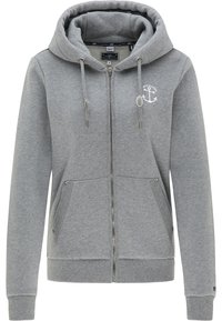 Šedá mikina na zip vyrobená z bavlněné směsi, s přední kapsou, nastavitelnou kapucí na šňůrku a vyšitým logem kotvy na hrudi.