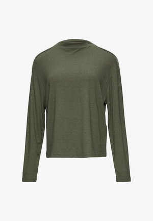 Olijfgroen langslavige top met een losse pasvorm. Beschikt over subtiele textuurstiksels langs de schoudernaden en een uistanshals.