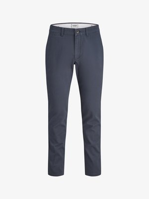 Tamsiai mėlynos medvilninės kelnės su lygiu paviršiumi, su priekiniais užsegimais ir šoninėmis kišenėmis, siaurėjančios kojų tiesiog.