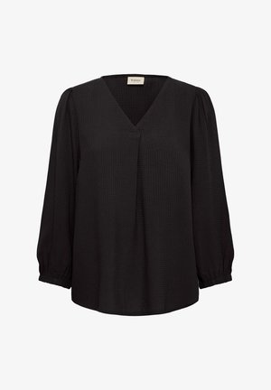 Schwarze Bluse mit V-Ausschnitt, gefaltetem Vorderteil und langen Puffärmeln. Aus strukturiertem Stoff, mit elastischen Bündchen für einen festen Sitz.