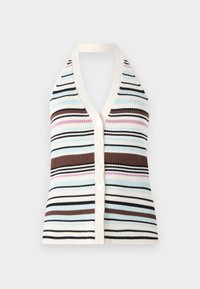 Striped ribbed tank top with V-neck, featuring blue, pink, brown, and black lines; cream edging and five white buttons down the front.