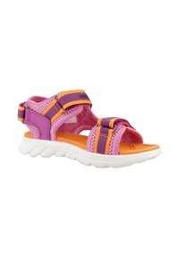 Sandalias moradas y rosas con correas de malla, cierres ajustables de gancho y lazo, suela de goma y plantilla naranja. Diseño ligero y transpirable.