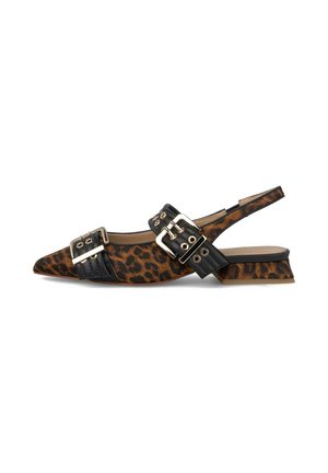 Leopard print slingback shoe with pointed toe, black leather accents, two metallic buckles, and a low, square heel. Textured fabric surface.