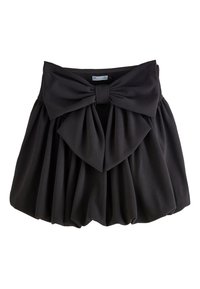 Gonna nera in tessuto morbido, con un grande fiocco in vita e design plissé, che crea una silhouette voluminosa.