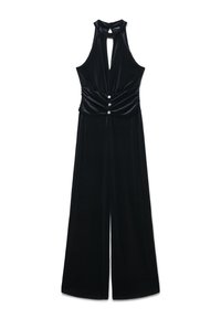 Giocattolo senza maniche in velluto nero con scollo all'americana, apertura frontale a chiave, vita arricciata e tre bottoni decorativi sul pannello in vita.