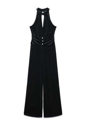 Jumpsuit sans manches en velours noir avec un col halter, un trou clé à l'avant, une taille froncée et trois boutons décoratifs sur le panneau de taille.