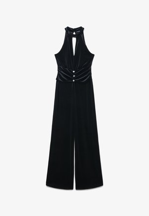 Jumpsuit sans manches en velours noir avec un col halter, un trou clé à l'avant, une taille froncée et trois boutons décoratifs sur le panneau de taille.
