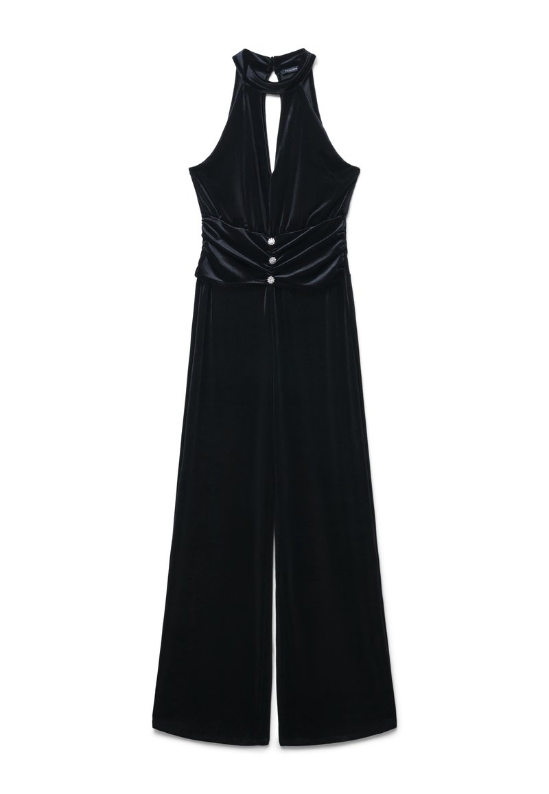 Giocattolo senza maniche in velluto nero con scollo all'americana, apertura frontale a chiave, vita arricciata e tre bottoni decorativi sul pannello in vita.