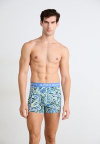 Ανδρικά μποξερ σλιπ με μπλε ζώνη, διακοσμημένα με πράσινο και ανοιχτό μπλε μοτίβο paisley. Κατασκευασμένα από ελαστικό ύφασμα, σχεδιασμένα για άνεση.