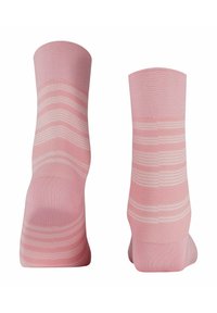 Rosa gestreifte Socken mit einem strukturierten Strickmuster und horizontalen weißen Streifen, mit umgeschlagenem Bund oben und einem nahtlosen Zehendesign.