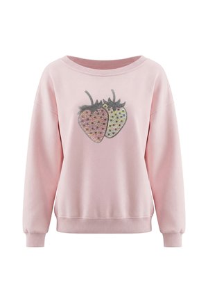 Lyserød langærmet sweatshirt med bred halsudskæring og to pailletjordbær i pink og hvid på midten foran.