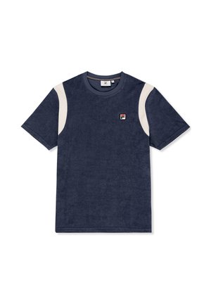 Marineblaue kurzärmelige Hemd mit weißen, gebogenen Schulterpaneelen und kleinem rot-weiß-schwarzem Logo auf der linken Brust.