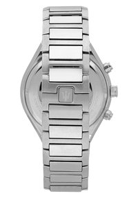 Klocka i rostfritt stål med länkarmband, silverfärgad, hexagonal kassedesign och framträdande krona. Baksidan har en graverad logotyp.