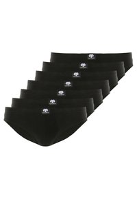 Schwarzes Baumwollslips-Set mit niedrigem Bund und elastischem Taillenbund. Jeder Slip hat ein kleines Markenetikett auf der Vorderseite.