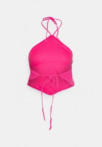 Růžový bikiny top ve stylu halter se trojúhelníkovým tvarem, texturovanými bočními panely a nastavitelnými zavazováním na krku a zádech.