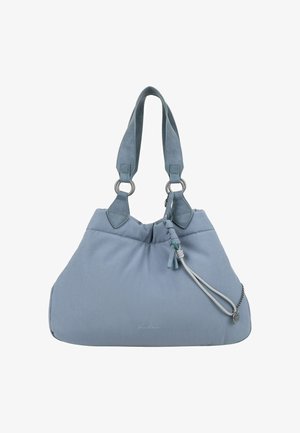 Bolsa de tela azul suave con un diseño holgado, que cuenta con dos asas de tela, acentos de hardware plateado y un detalle decorativo de nudo.
