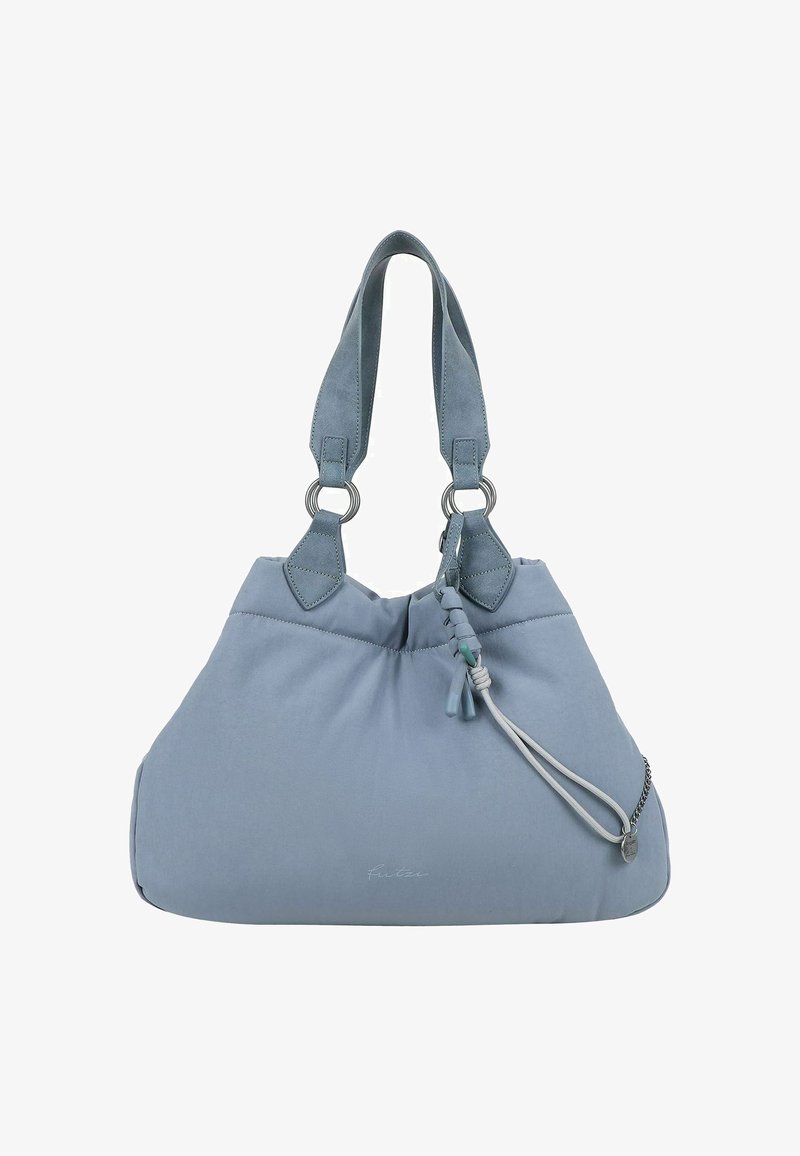 Borsa in tessuto blu morbido con un design sfumato, dotata di due manici in tessuto, elementi hardware in argento e un dettaglio decorativo a nodo.