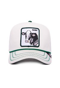 White baseball cap with a green stitched brim, featuring a cow graphic and the word "CASH" inside a square on the front panel.