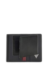 Portefeuille en cuir noir avec une finition texturée, présentant un design plié, un accent rouge et un détail de logo argenté sur le coin avant.