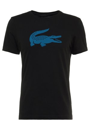 Zwart T-shirt met korte mouwen met een grote blauwe gestileerde krokodilafbeelding in het midden van de borst.