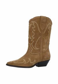 Brown suede cowboy boot with white stitching, pointed toe, slight heel, and decorative stitched patterns on the shaft.
