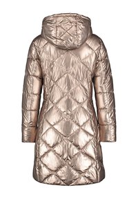 Metallic puffer-jakke i rosaguld med hætte, quiltet diamantmønster og lange ærmer. Glat, shiny tekstur hele vejen igennem.