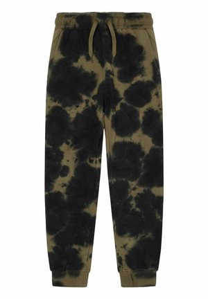 Spodnie dresowe w kolorze oliwkowej zieleni z czarnym wzorem tie-dye, elastyczną talią z troczkiem, bocznymi kieszeniami i ściągaczami przy kostkach.