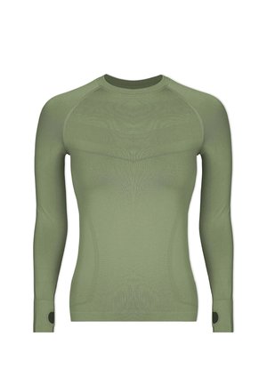 Langsleeve, fitted top in olijfgroen, met een textuurstof, naadloos ontwerp en duimgaten bij de mouwmanchetten voor een verbeterde pasvorm.