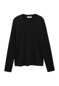 T-shirt nero a maniche lunghe realizzato in tessuto morbido, con scollo rotondo e vestibilità rilassata. Nessun motivo o dettaglio visibile. Orlo semplice e dritto.