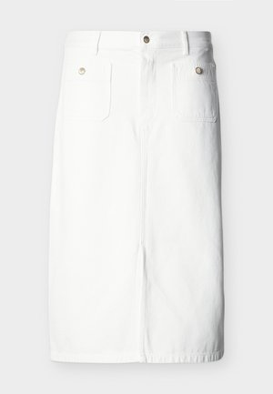 Λευκή τζιν φούστα μήκους έως το γόνατο με μπροστινές τσέπες, θηλιές για ζώνη και κουμπιά στο ζωνάκι και τις τσέπες.