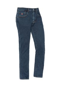 Jean en denim bleu foncé avec des jambes droites, design à cinq poches et coutures visibles. Présente un patch logo sur la poche avant.