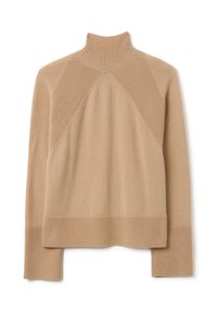 Beige Rollkragenpullover mit gerippter Textur am Kragen und an den Bündchen, im lässigen Schnitt und mit diagonalen Nahtdetails an den Schultern.