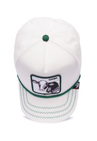 White baseball cap with green accents, featuring an embroidered cow graphic and the word "CASH" on the front. Zigzag stitching on the brim.