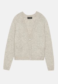 Beige gestrickte Strickjacke, V-Ausschnitt-Design, lange Ärmel, mit vier dekorativen Knöpfen und gerippten Bündchen und Saum. Leichte Textur.