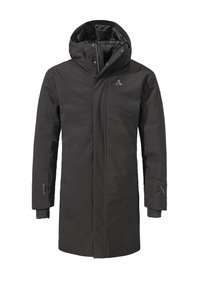 Schwarze wasserdichte Jacke mit Kapuze, ausgestattet mit einem Reißverschluss und Druckknopfverschluss, strukturiertem Stoff und "VENTURI"-Logo am Ärmel.