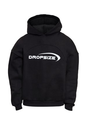 Black hoodie with a front pocket and white "DROPSIZE" logo across the chest, featuring a curved design element above the text.