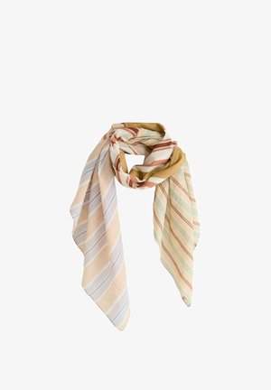 Leichter Schal mit diagonalen Pastellstreifen in Beige, Weiß, Braun und Senf, locker geknotet mit herabhängenden Enden.