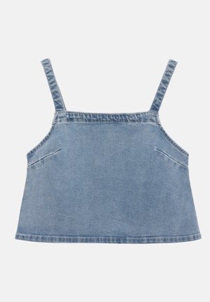Blå denim crop topp med justerbare stropper, featuring en rett snitt, uformell design og subtile lommer på hver side.