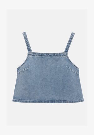 Top court en denim bleu avec bretelles ajustables, présentant une coupe droite, un design décontracté et de subtils poches de chaque côté.