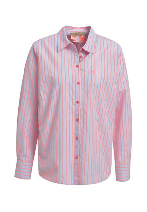 Long-sleeve button-up shirt with vertical pink and white stripes, pointed collar, and small embroidered logo on the chest.