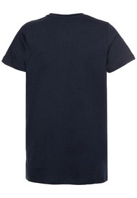 Marineblaue Baumwoll-T-Shirt mit kurzen Ärmeln, runder Ausschnitt und einfarbigem Rückendesign. Weiche Textur ohne sichtbare Muster oder Akzente.