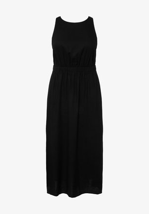 Černé maxi šaty bez rukávů s kulatým výstřihem a elastickým pasem. Hladká tkanina s rovnou, splývavou siluetou.